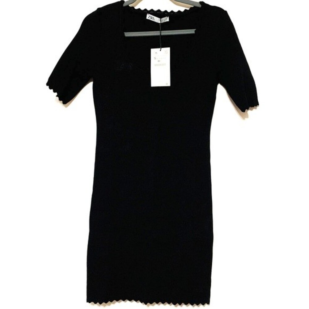 Zara women dress Black scalloped shift bodycon dress size S baddie dark academia